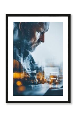 double exposure of a supply chain manager analyzing logistics data overlaid with images of shipping containers and cargo trucks