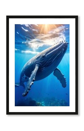 A majestic whale swims in vibrant ocean water, sunlit rays illuminating its form above a coral reef