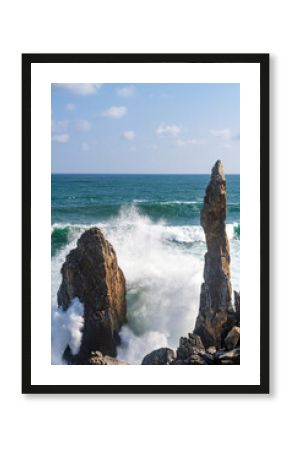 Powerful Waves Crashing Against Candlestick Rock at Chuam Beach, Korea