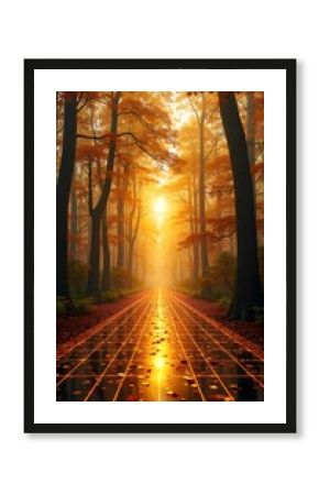 Autumn Forest with Glowing Path at Sunset 