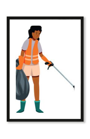 Volunteer wearing safety vest and gloves collecting trash with grabber tool and garbage bag promoting environmental awareness