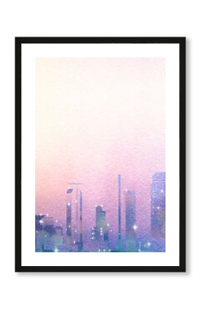 Purple skyline background, watercolor city border
