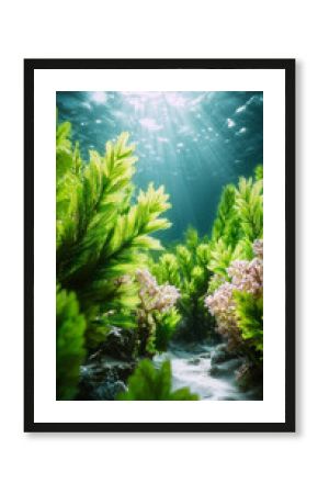 Underwater sunlight green seaweed coral sand ocean floor marine life peaceful nature aquatic clear water