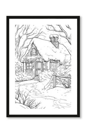 Charming snow-covered cottage in a winter wonderland coloring page