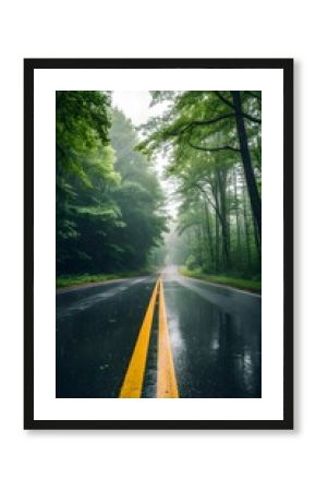 Wet asphalt road with yellow double lines disappearing into a misty green forest rain rainy