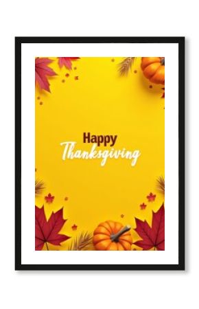 Happy Thanksgiving text on yellow background with pumpkins pine cones and red autumn maple leaves Vertical holiday card border background  spooky illustration decoration