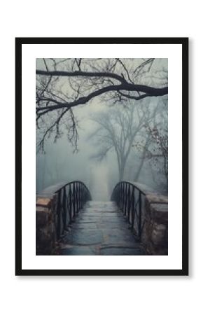 Stone bridge with iron railings over a misty river, branches and fog in landscape