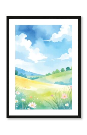 A cute abstract watercolor illustration of soft pastel colors: blue sky, meadow, meadow hill wallpaper background