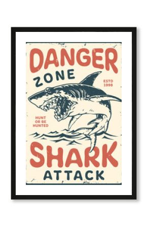Surfing in danger zone with shark warning sign