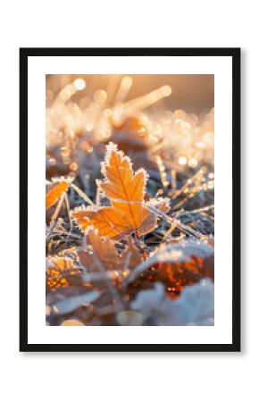 Macro shot of frost and ice crystals on autumn leaves and grass in golden morning light.