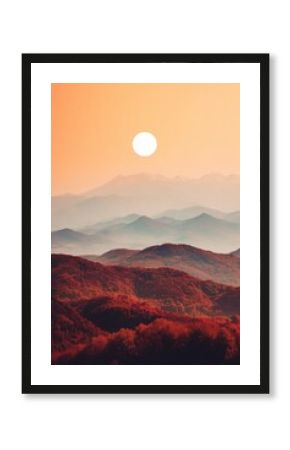 sunset over autumn mountains silhouettes on layers of mountain peaks, sky with red and orange hues, rolling hills covered with colorful forests