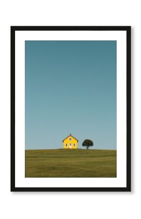 Bright yellow house stands alone on green hillside under clear blue sky