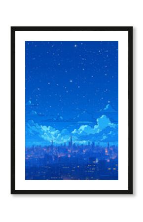 ネオンが灯るレトロな夜の街と星空｜80年代アニメを彷彿とさせる2Dレトロポップ風のファンタジー都市風景背景素材