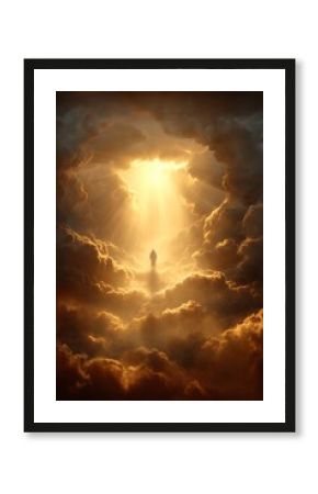 Jesus silhouette surrounded by golden heavenly light and clouds