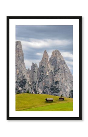 Mountain cabins in front of the peaks of the Schlern on the Seiser Alm, Dolomites, South Tyrol, Italy.