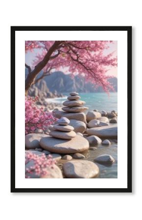 Pastel zen stones, pink blossoms, calm coastal shore, soft sky ,  delicate,  relaxation,  calm