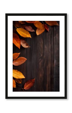 Autumn leaves frame a dark wooden surface, showcasing a warm, seasonal aesthetic with vibrant hues and natural textures.