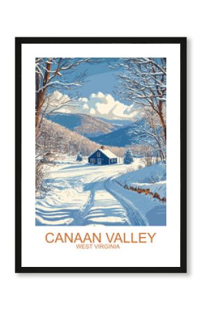 A serene vector art of winter in Canaan Valley, West Virginia, featuring a blue house along a snowy road with trees and distant mountains under a bright sky, ideal for travel posters and web design.