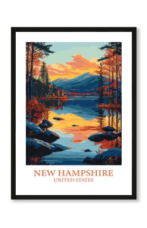 Serene new hampshire lake at sunset vector illustration reflecting the colorful sky and surrounding autumn foliage, ideal for calendars and scenic prints