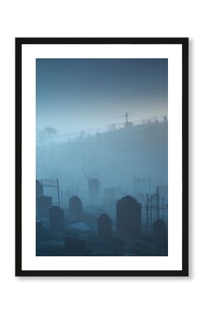 Eerie Foggy Cemetery Scene Spooky Graveyard Mist Tombstones Halloween Background