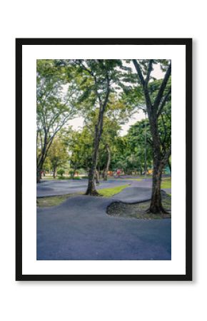 cushioned path for kids cycling or skating in park, soft track for children riding scooters or bikes and bicycle in safe playground area