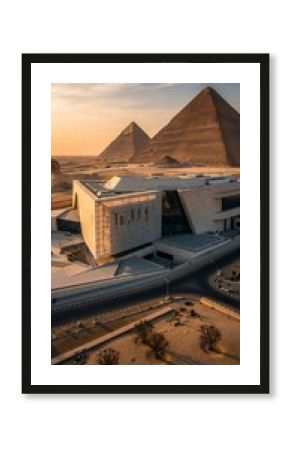 Aerial view of the grand egyptian museum with the pyramids of giza in the background at sunset