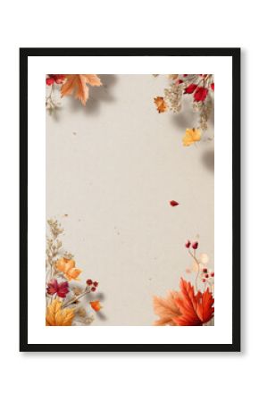 Minimalist autumn poster background with scattered leaves and vintage paper texture