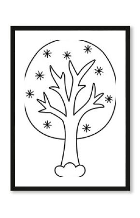 Vector black and white cartoon Christmas tree clipart covered with snow and snowflakes. Cute new year symbol illustration for kids. Winter holiday plant line icon, coloring page