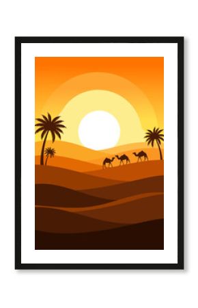 A serene desert landscape illustration showing a camel caravan crossing sandy dunes with palm trees under a vibrant orange sunset