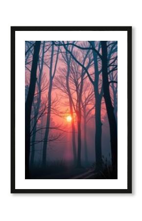 Crimson dawn breaks through a mist-shrouded woodland, painting ancient trees in ethereal light, light, mist