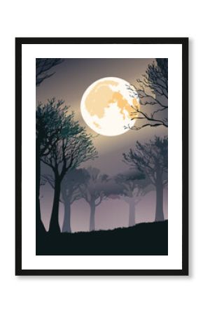 Full moon illuminates the trees in a spooky forest at night time