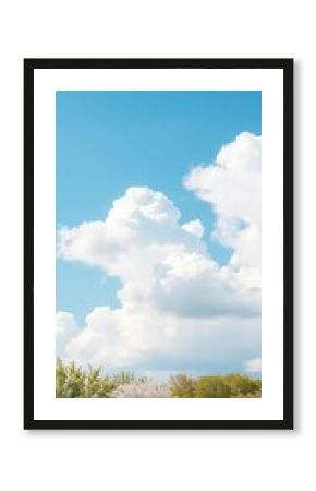 Blue sky with fluffy white clouds over a landscape dotted with blossoming trees,  trees,  blossom