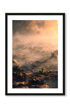 Volcanic Wasteland Hopeful Dawn Emerges Amidst Ash Golden Light Inspires New Life