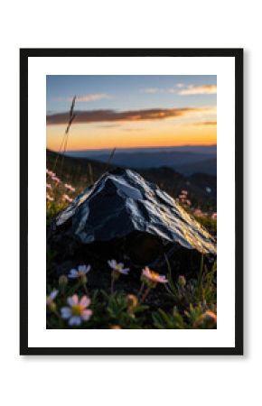 Glossy black obsidian rock surrounded by wildflowers on a mountain slope at sunset with scenic distant valley and glowing sky
