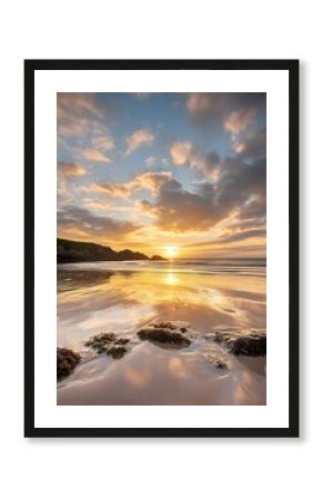 Golden Sunset Beach Scene Coastal Rocks Ocean Sky image