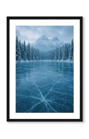 Serene icy landscape with mountains.