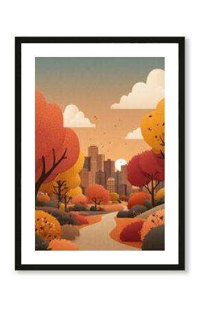 Autumn city park scene with orange trees, buildings, and winding path in warm sunset tones