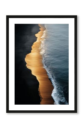 a long shot of the edge between black sand and water, with golden light shining on it, dark background, top view, beautiful composition,