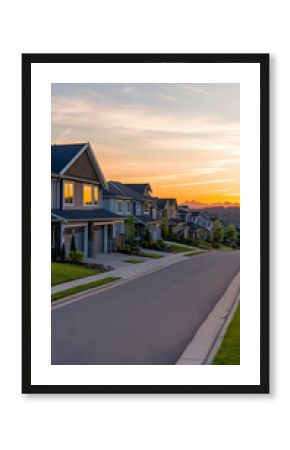 Beautiful sunset casting long shadows over a quiet suburban neighborhood filled with modern houses and well-kept lawns vertical 