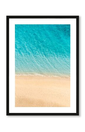 Minimalist vertical abstract bright turquoise ocean water shallow waves breaking pristine white sandy shore Perfect serene nature background empty. Luxury summer travel destination design wall art