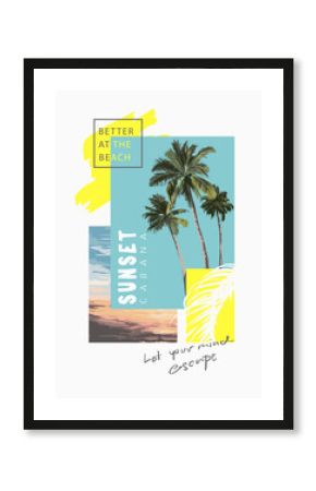 typography slogan on palm tree and beach sunset vector  illustration - created by hand drawn