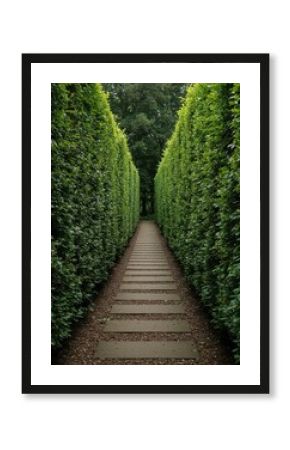 A peaceful pathway made of natural stones bordered by tall green manicured hedges on both sides leading into the distance ,corridor, tranquil, lush