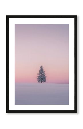 Lone tree stands in a snow-covered field, with a pink