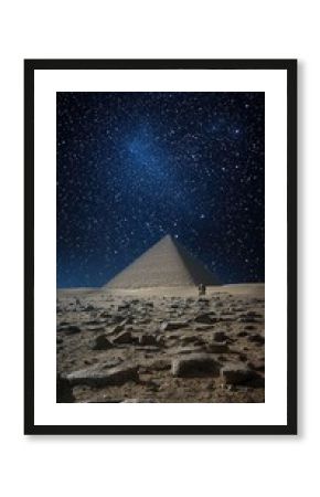 Giza's great pyramid and sphinx under the enchanting glow of a full moon, revealing ancient wonders and starry skies at nighttime