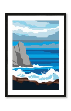 Dynamic Vector Illustration of Rugged Coastal Cliffs and Crashing Ocean Waves Under a Dramatic Overcast Sky, Capturing the Power and Beauty of Nature's Elements