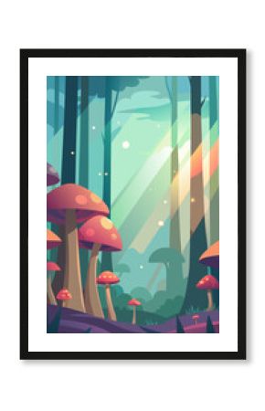 Enchanting forest with giant mushrooms and magical sunbeams