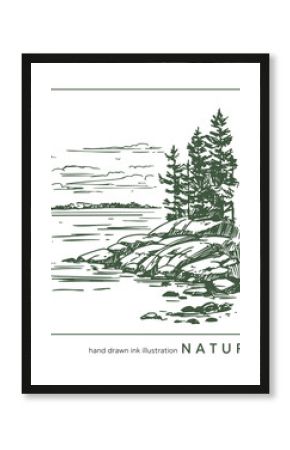 Landscape illustration of lake, island. Hand drawn realistic monochrome vector sketch.