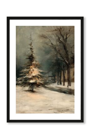 A lone Christmas tree adorned with soft lights stands in the snow, surrounded by bare trees in a quiet, wintry scene. The vintage oil painting style