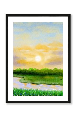 Watercolor Sunrise Landscape with River and Meadow