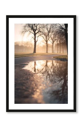 水たまりに映る木々と夕日の反射